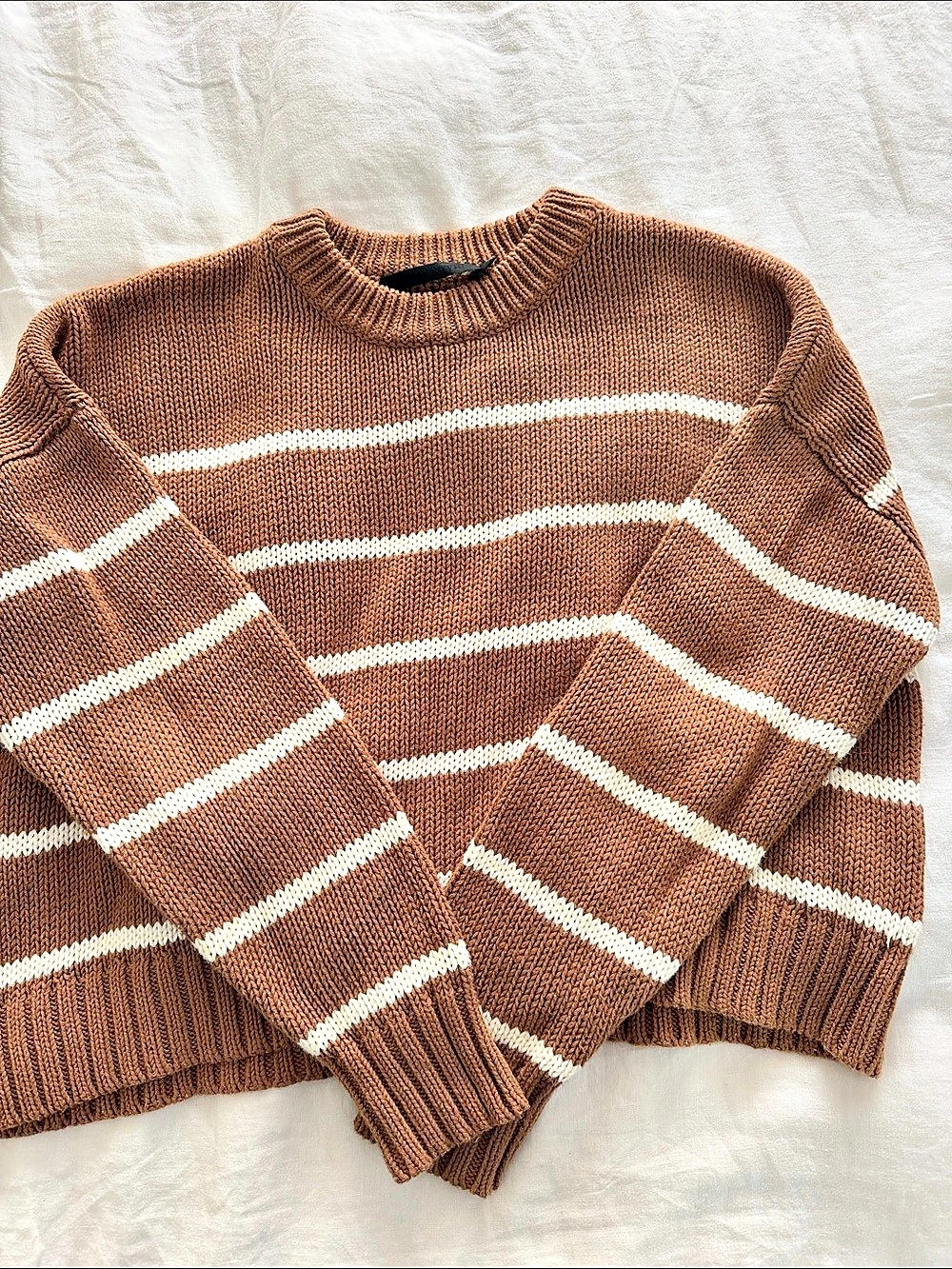 Jenni Kayne Striped Cotton Crewneck Sweater in Brown & White Like New